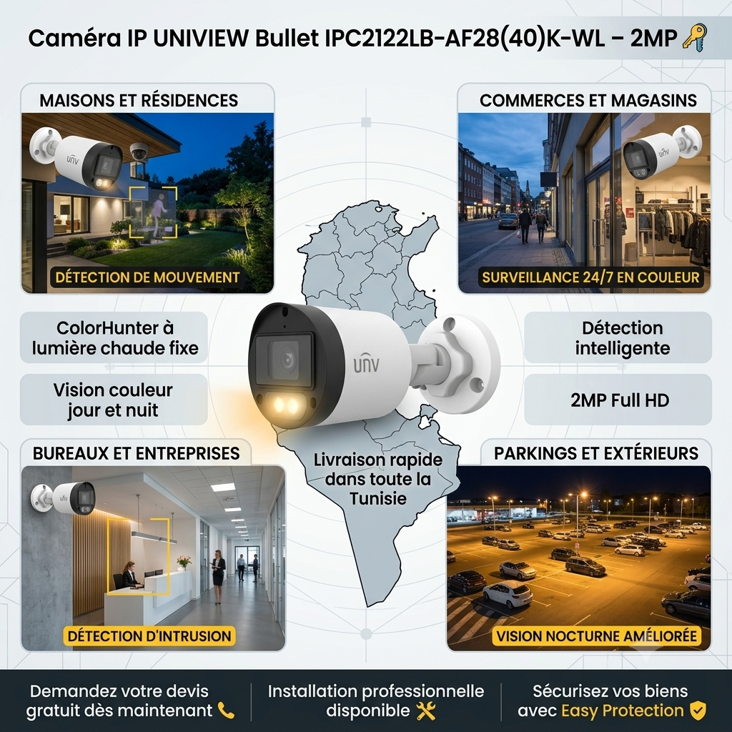 Caméra IP UNIVIEW Bullet IPC2122LB-AF28(40)K-WL 2MP ColorHunter – Lumière Chaude Fixe Vision Couleur 24H – Image 2